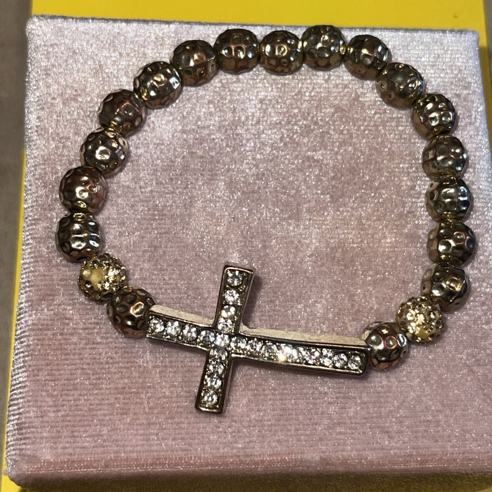RARE KOLE JAX DESIGN RHINESTONE GOLDTONE CROSS STRETCH BEAD BRACELET